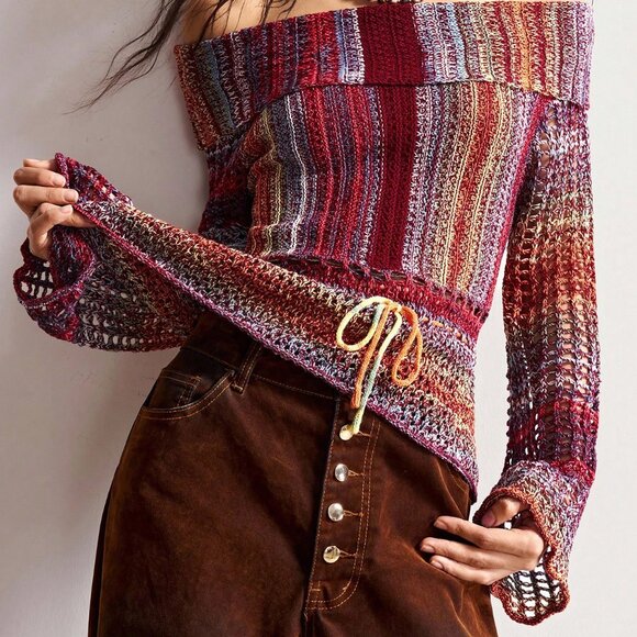 Multicolor Casual Women's Striped Off Shoulder Long Sleeve Blouse - Picture 6 of 8